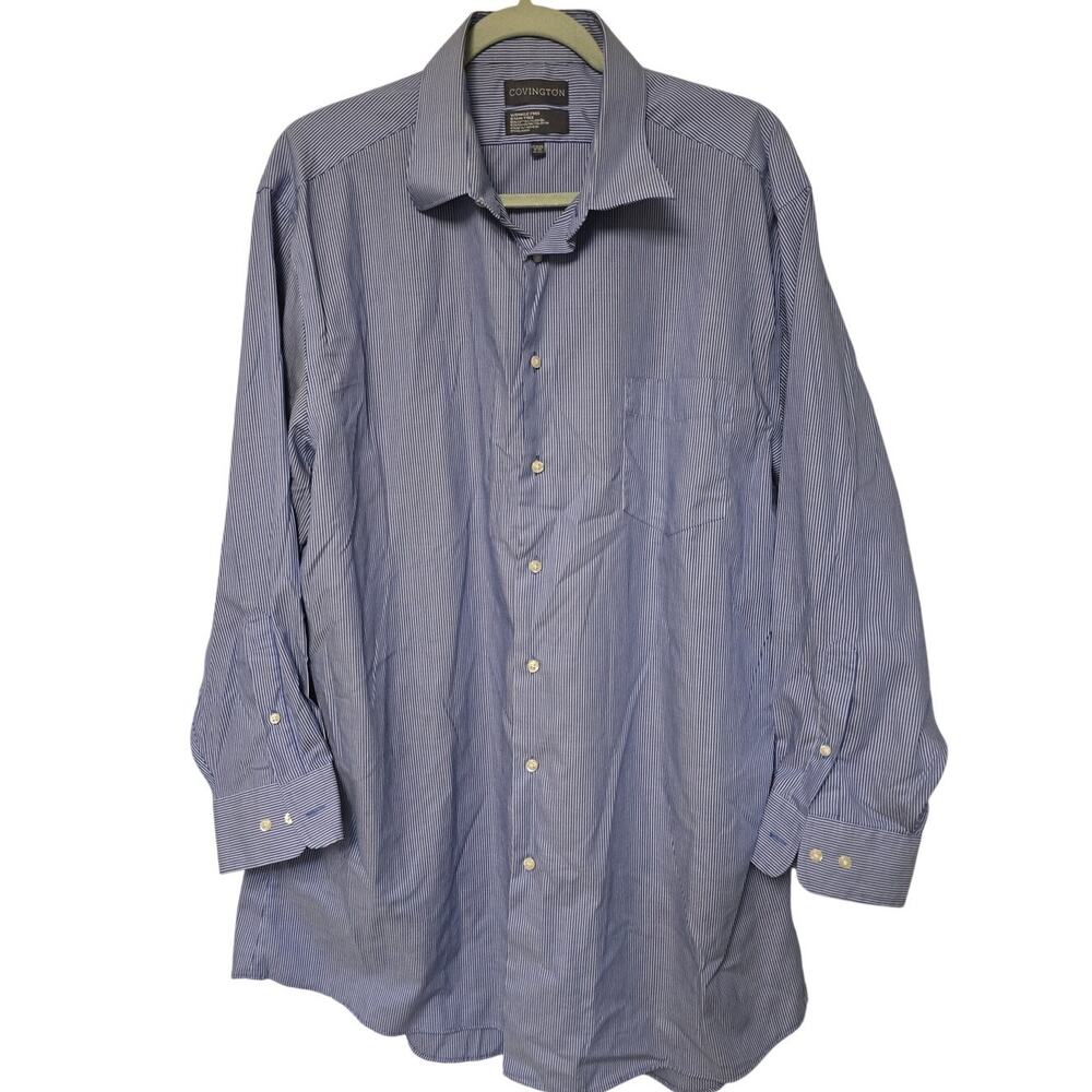 Covington Mens XL Blue White Stripe Dress Shirt Wrinkle Free Stain Free